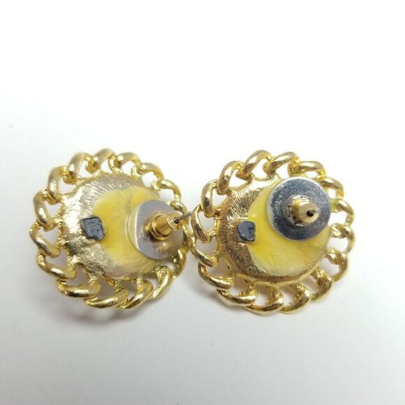 Vintage Gold Tone and Faux Pearl Stud Earrings, Retro 80s Design, Estate - Picture 3 of 5
